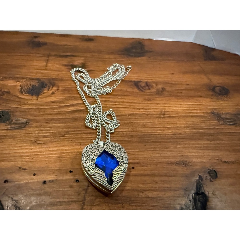 Silver Tone Angel Wing Heart Pendant Necklace Blue Crystal Gothic Jewelry